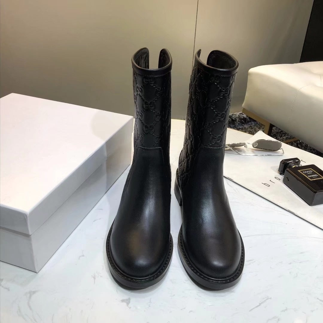 Black Embossed Leather Boots