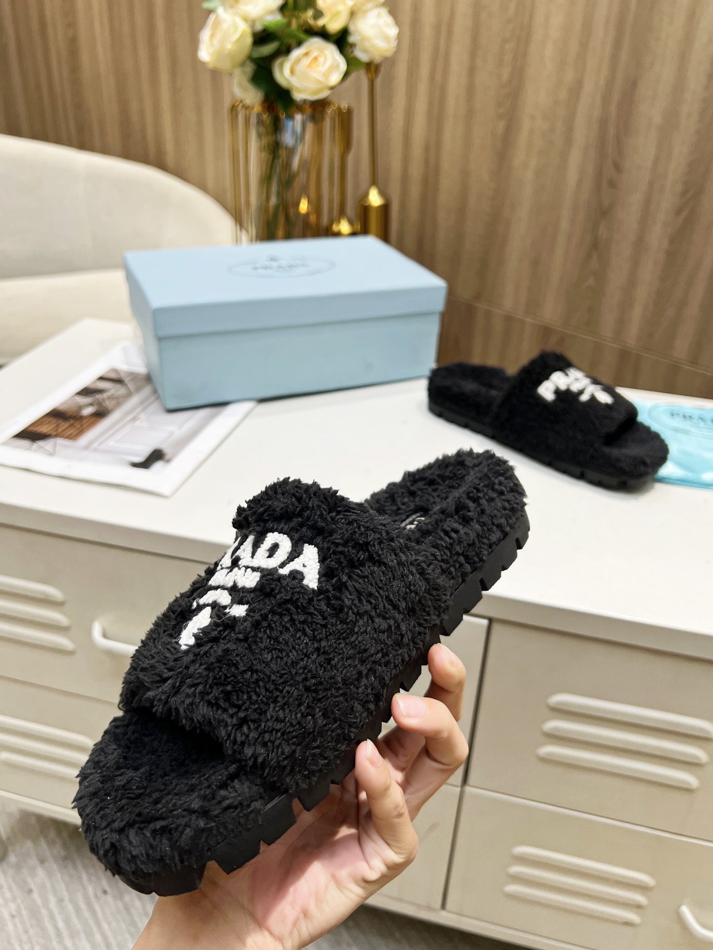 Black and White Fuzzy Slippers