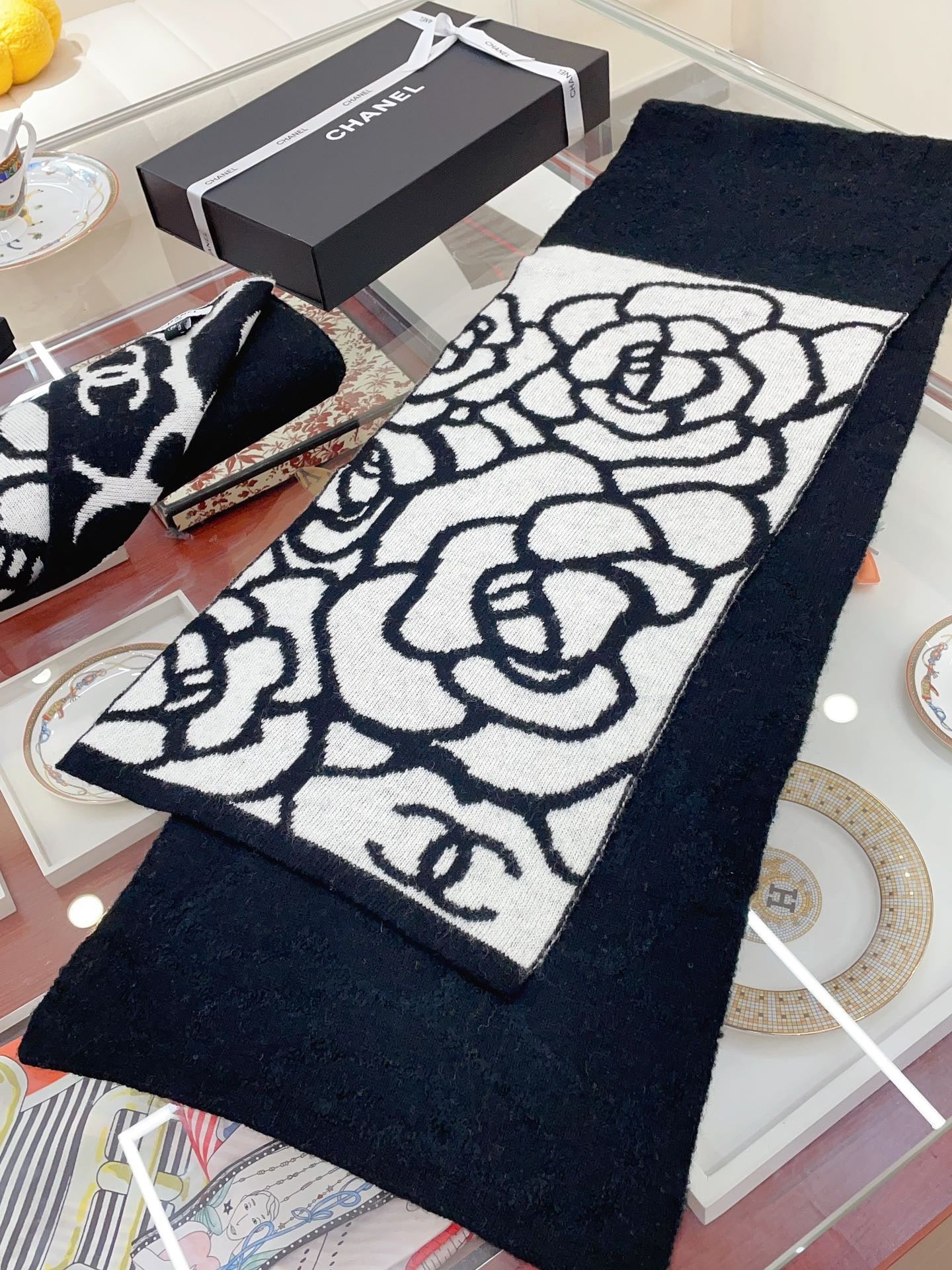 Designer Black and White Floral Scarf