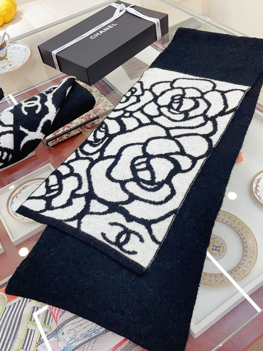 Designer Black and White Floral Scarf