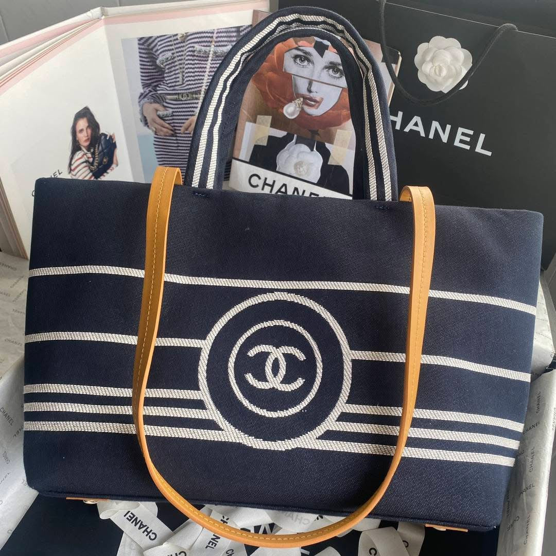 Navy Blue and White Striped Summer Bag