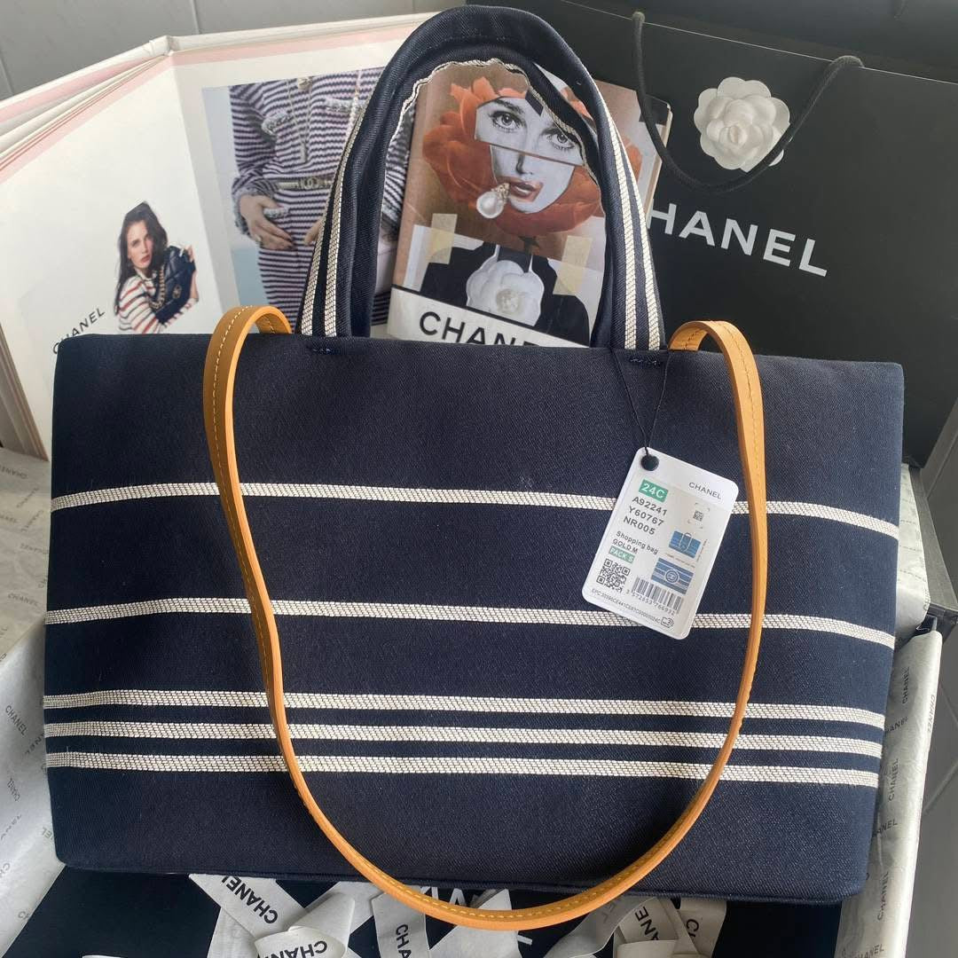 Navy Blue and White Striped Summer Bag