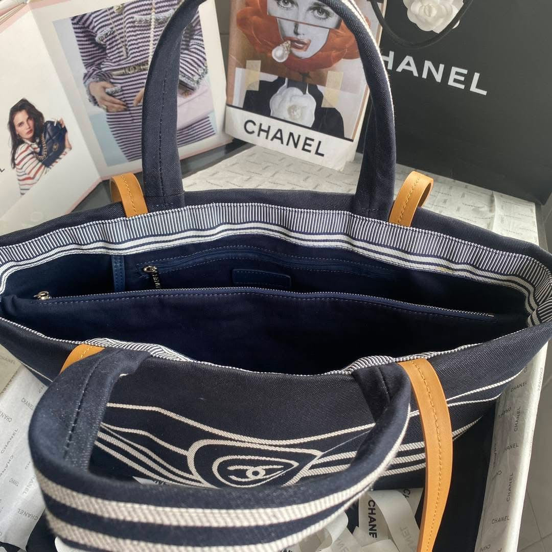 Navy Blue and White Striped Summer Bag