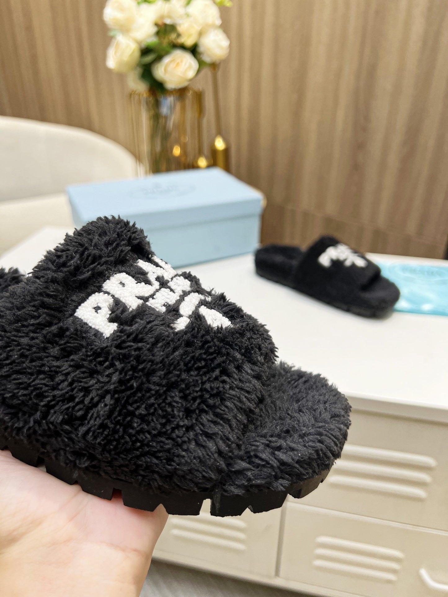 Black and White Fuzzy Slippers